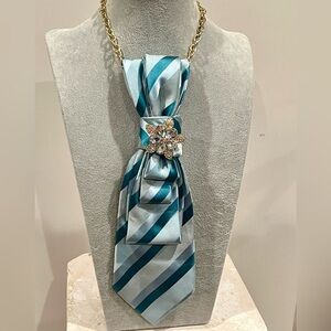 Striped Teal and Silver Brooch fashion tie Necklace